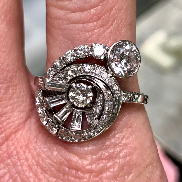 Antique Platinum 3.5 Carat Genuine Diamond Art Deco Ring - Picture 2 of 8